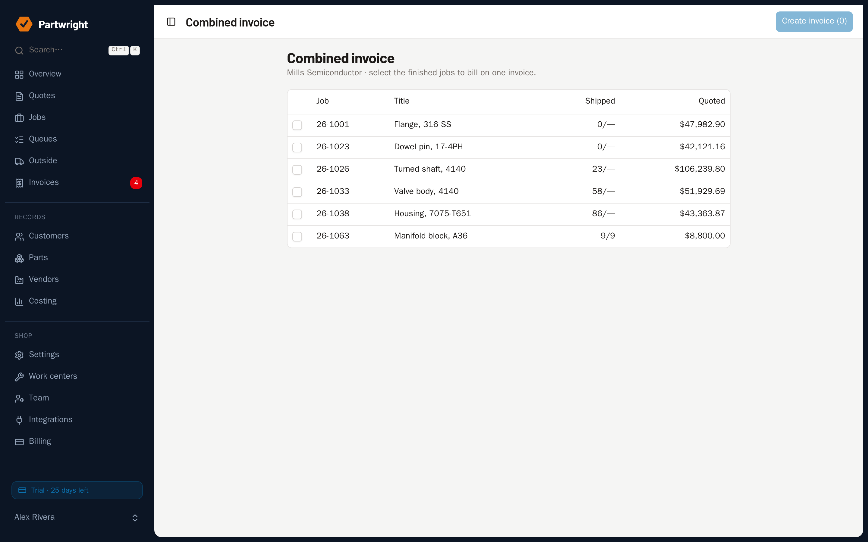 A combined invoice billing several shipped jobs on one document
